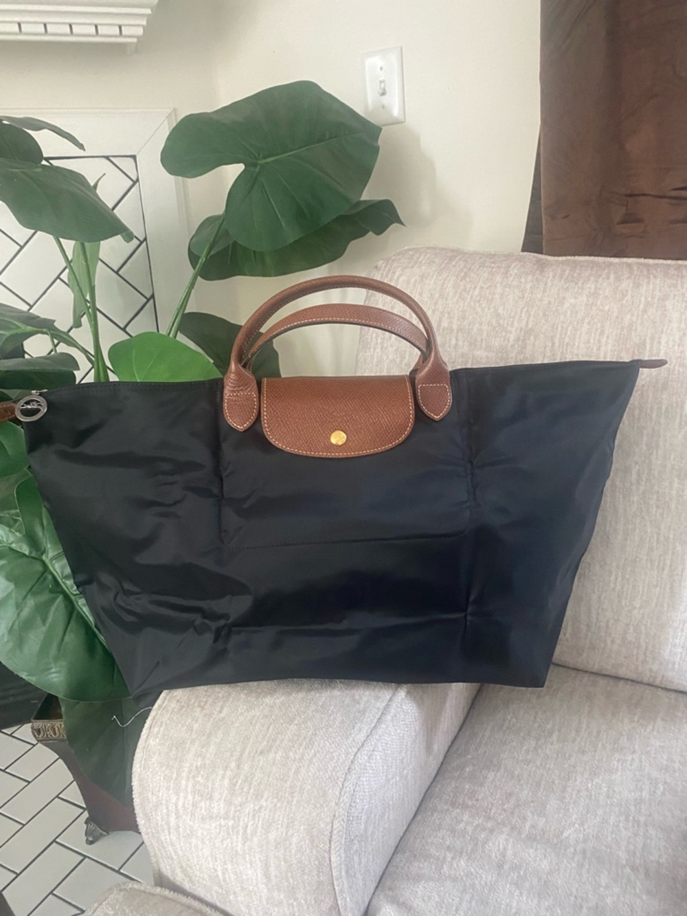 Longchamp Le Pliage Large Tote Bag in Black & Brown with Zip & Button Accent
